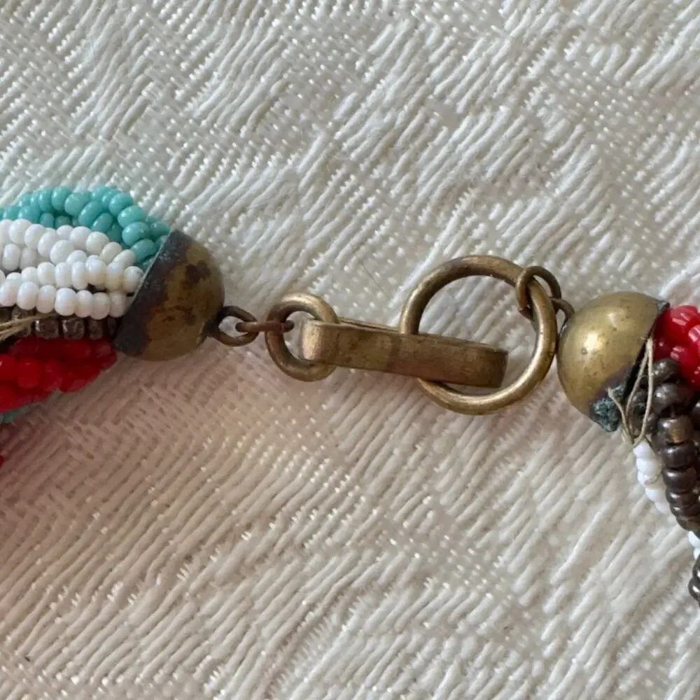 16” Vintage Glass Micro Seed Bead Necklace Multi Red Blue White Gray 1940s-60s